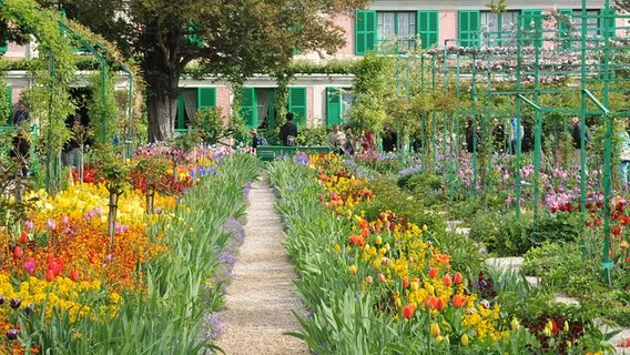 Monet's Gardens, Paris, with different coloured flowers surrounding it.