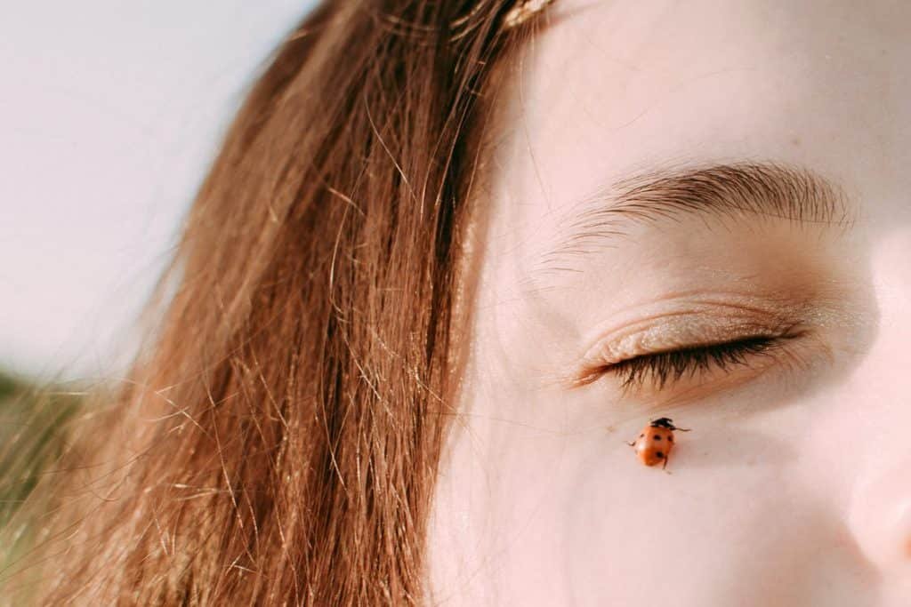 An little coloured insect on a white girl's face with her eyes closed