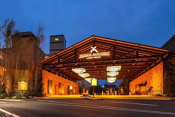 Building with lights on the side of the road, Jackson Rancheria Casino Resort