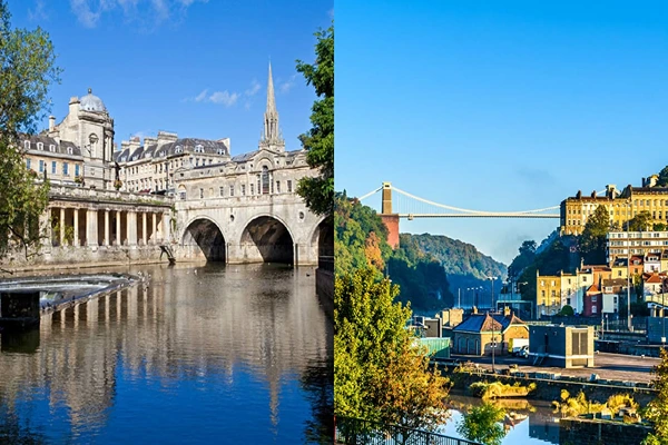 Bath and Stonehenge Tour from Bristol: Unveiling Ancient WondersA bath in Bath, with a view of the castles and a view of Bristol's suspension bridge, showing some buildings in the city.  