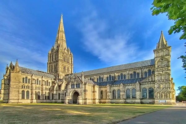 The salisbury cathedral in the day with the sun casting on it and some trees surrounding it in the background. 