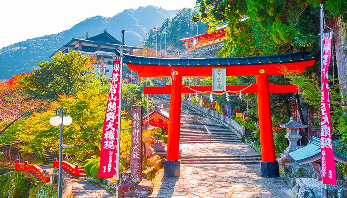 Kyoto's gardens in Japan. A brightly coloured red entrance leading to a temple surrounded by trees